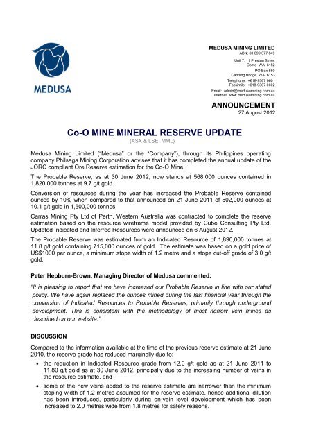 Co-O MINE MINERAL RESERVE UPDATE - Medusa Mining