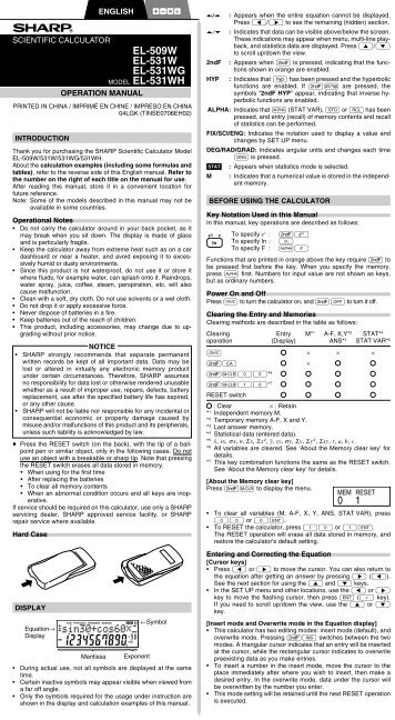 EL-509 and EL-531 Operation Manual - Sharp Electronics