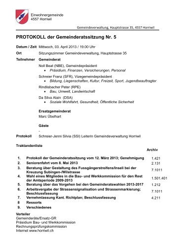 Protokoll Gemeinderat vom 03.04.2013 [PDF, 243.0 KB] - Horriwil