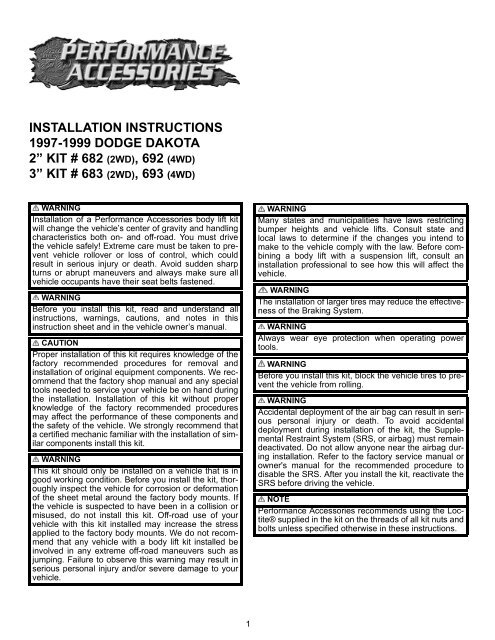 INSTALLATION INSTRUCTIONS 1997-1999 DODGE DAKOTA 2 ...