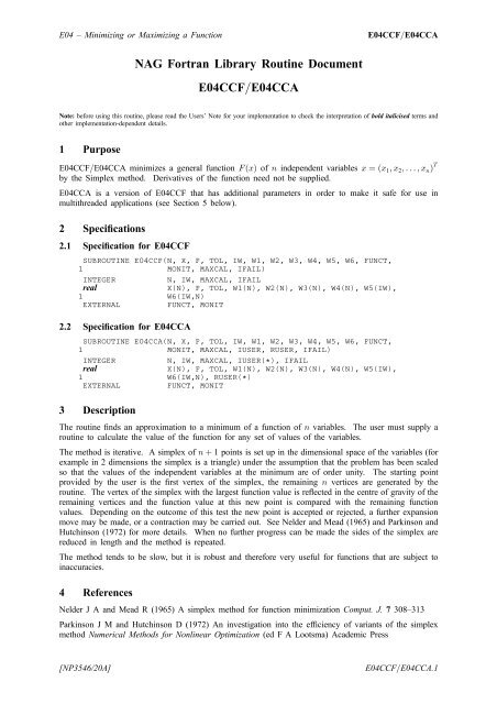 NAG Fortran Library Routine Document E04CCF=E04CCA