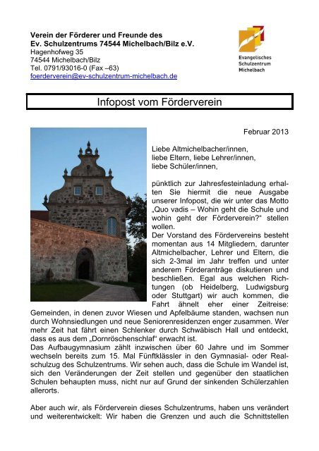 Infopost vom FÃ¶rderverein - Evangelisches Schulzentrum Michelbach