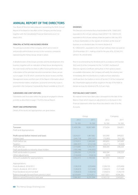 ANNUAL REPORT OF THE DIRECTORS - Hemas Holdings, Ltd