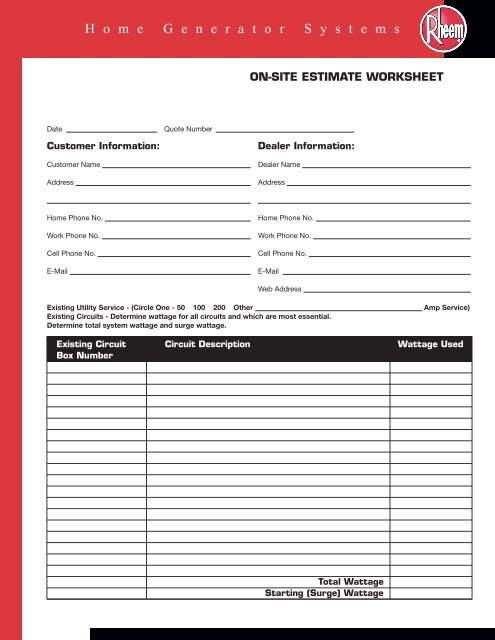 Wattage Worksheet - Rheem