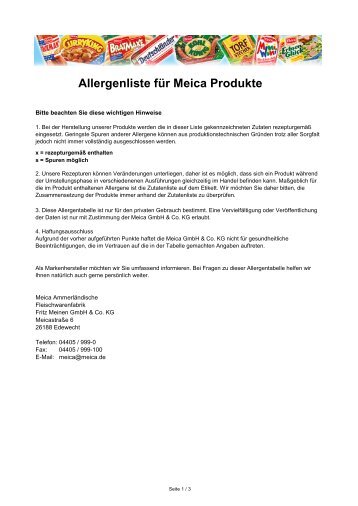 Allergenliste für Meica Produkte