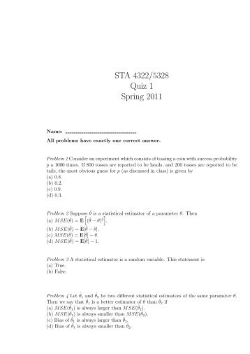 STA 4322/532 Quiz 1 Spring 2011