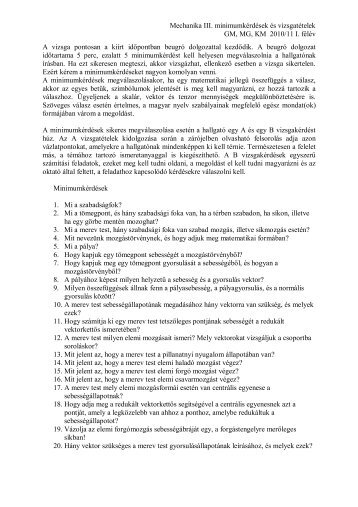 Mechanika III. minimumkérdések és vizsgatételek GM, MG, KM 2010 ...