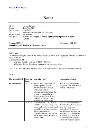 Sak 00306O Vedlegg pkt 8 Oversikt over tilsyns kontroll ... - Helse Vest