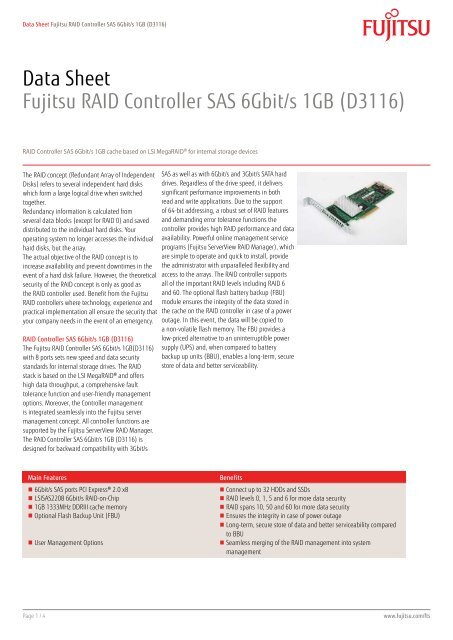 Data Sheet Fujitsu RAID Controller SAS 6Gbit/s 1GB (D3116)