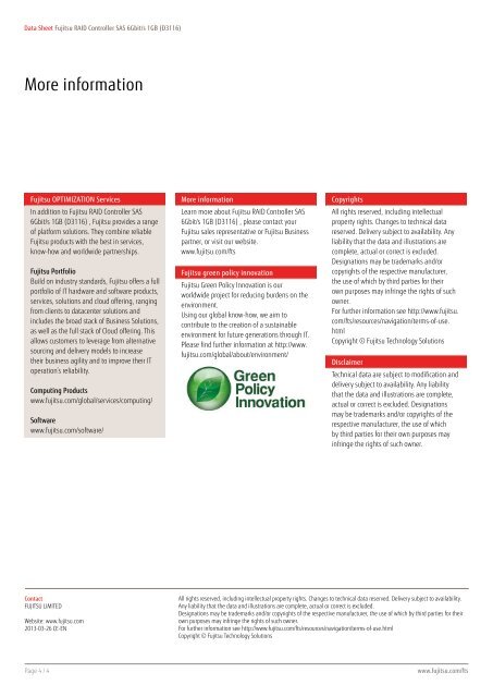 Data Sheet Fujitsu RAID Controller SAS 6Gbit/s 1GB (D3116)