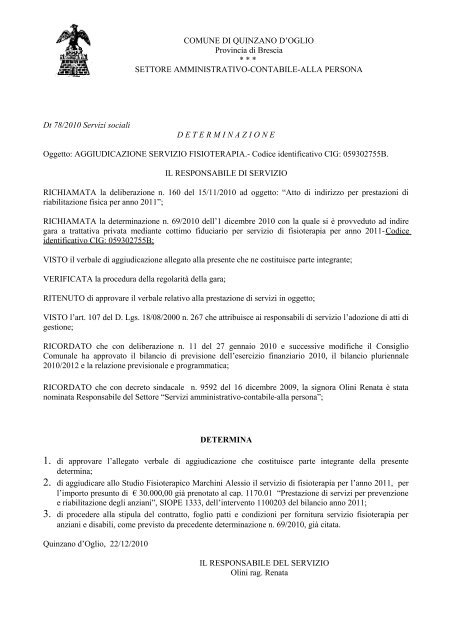 Contabile - Alla Persona n. 78 del 22/12/2010 AGGIUDICAZIONE ...