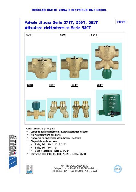 Valvole di zona Serie 571T, 560T, 561T Attuatore ... - Watts Industries