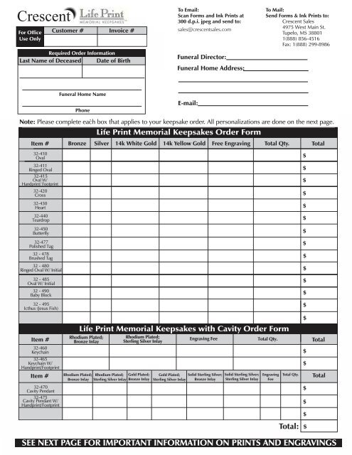 Life Print Memorial Keepsakes Order Form