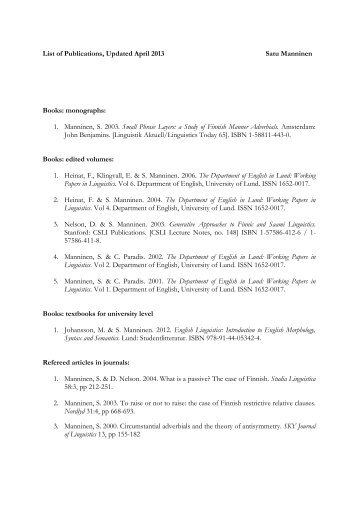 List of Publications, Updated April 2013 Satu Manninen Books ...