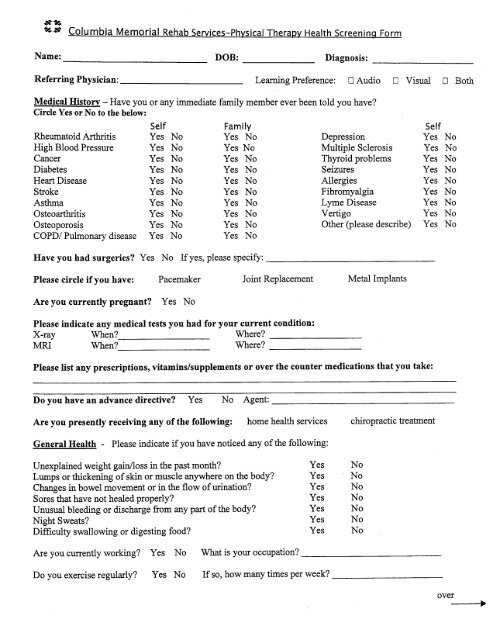 Columbia Physical Therapy >> Physical Therapy Health Screening Form Columbia Memorial Columbia Physical Therapy >> Physical Therapy Health Screening Form Columbia Memorial