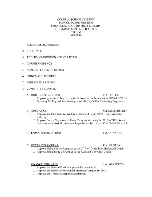 September 20, 2012 Board Meeting Agenda - Cornell School District