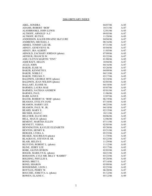 2006 Vincennes Sun-Commercial Obituary Index