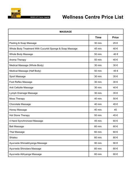 Wellness Centre Price List