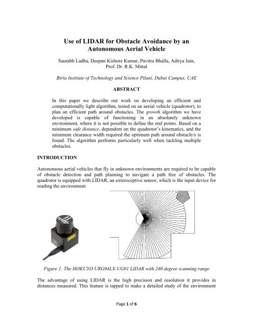 Use of LIDAR for Obstacle Avoidance by an Autonomous Aerial ...