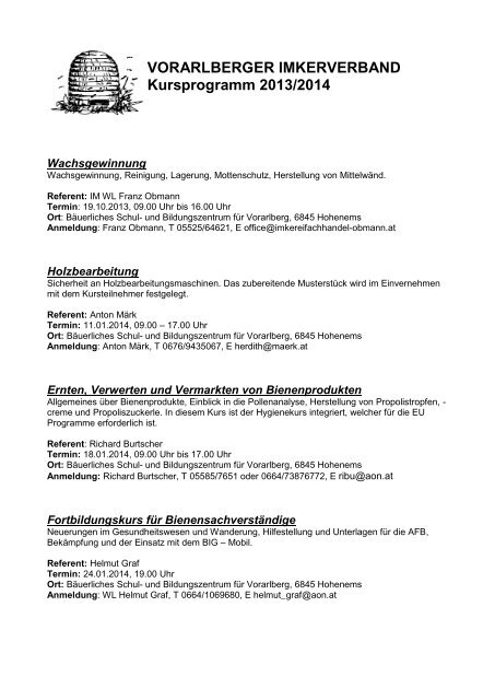 VORARLBERGER IMKERVERBAND Kursprogramm 2013/2014