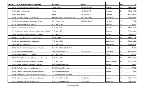 NAIC # NAMES OF INSURANCE COMPANY Address 1 Address 2 ...