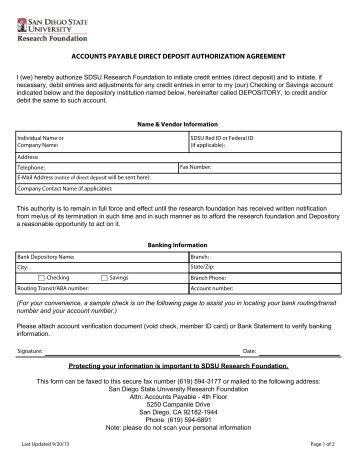 accounts payable direct deposit authorization agreement - SDSU ...