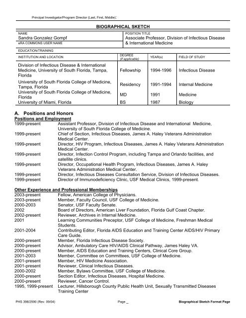 Biographical Sketch Format Page - University of South Florida