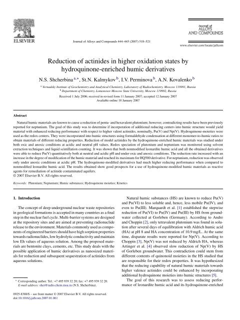 Reduction of actinides in higher oxidation states by hydroquinone ...