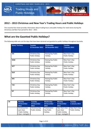 Trading Hours and Public Holidays - Shopping Centre Council of ...