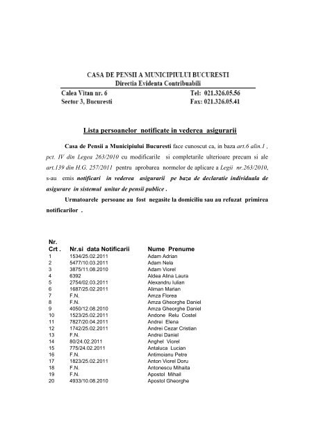 Lista persoanelor notificate in vederea asigurarii - Casa de Pensii a ...