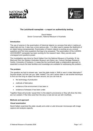 'The Leichhardt nameplate â a report on authenticity testing', (PDF ...