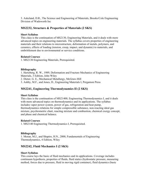 Short Syllabus of Mechanical Engineering (131) Curriculum - ITB