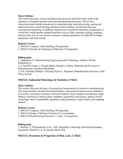 Short Syllabus of Mechanical Engineering (131) Curriculum - ITB