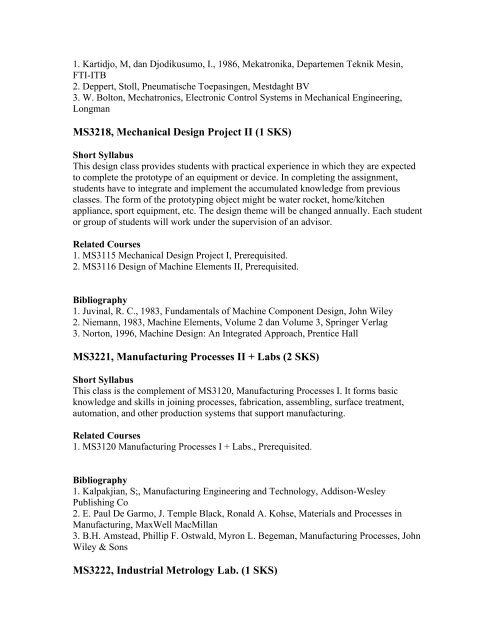 Short Syllabus of Mechanical Engineering (131) Curriculum - ITB