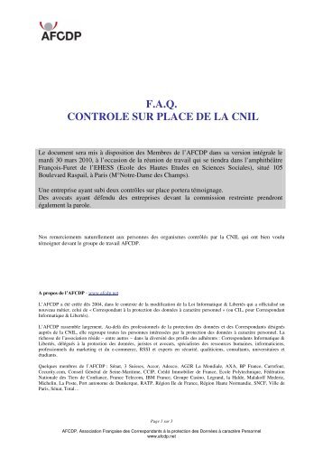 F.A.Q. CONTROLE SUR PLACE DE LA CNIL - L'Afcdp