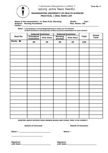 Format of Practical Marksheet - III Basic B.Sc. Nursing - Maharashtra ...