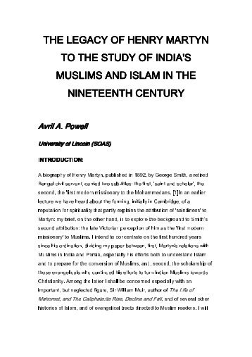 the legacy of henry martyn to the study of india's muslims and islam ...