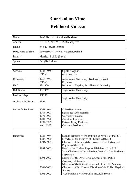 Curriculum Vitae Reinhard Kulessa