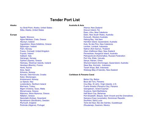 Tender Port List - Holland America Line