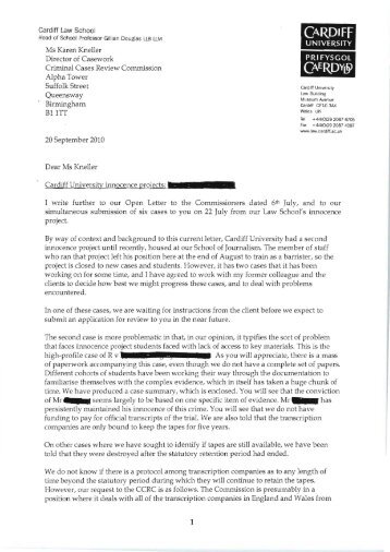 Our letter to CCRC: transcript request/general - Cardiff Law School