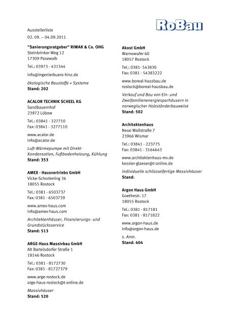 Robau Ausstellerliste 2017 Rostocker Messe