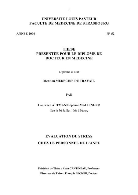 Evaluation du stress chez le personnel de l'ANPE - Alsace santÃ© au ...