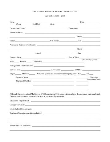 THE MARLBORO MUSIC SCHOOL AND FESTIVAL Application Form