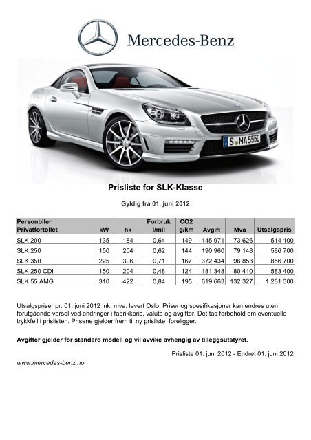 SLK-Klasse bil- og utstyrsprisliste (pdf) - Mercedes Benz