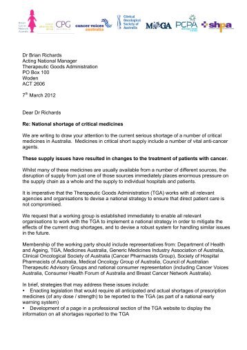 Letter to Therapeutic Goods Administration regarding drug shortages