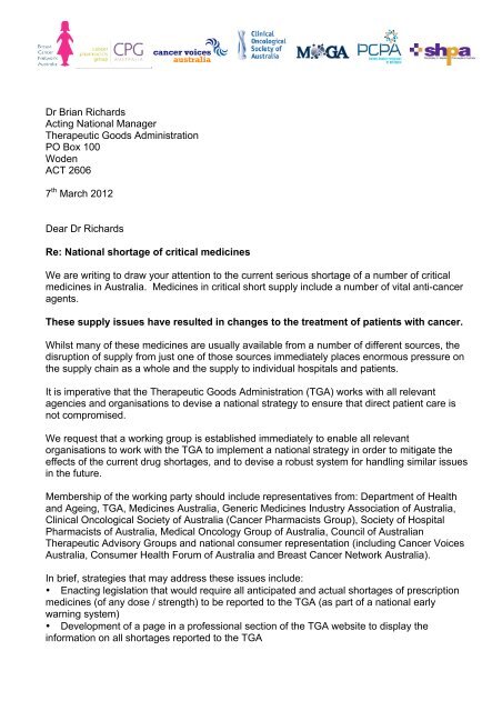 Letter to Therapeutic Goods Administration regarding drug shortages