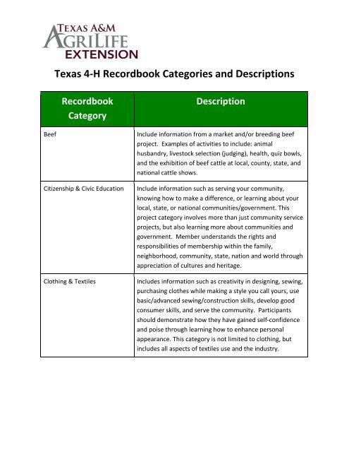 Recordbook Category Description - Texas 4-H and Youth ...