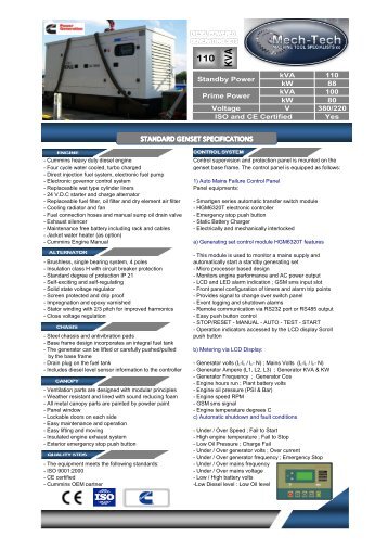 kVA kVA kW 110 88 100 80 380/220 Yes Standby ... - Mech-Tech