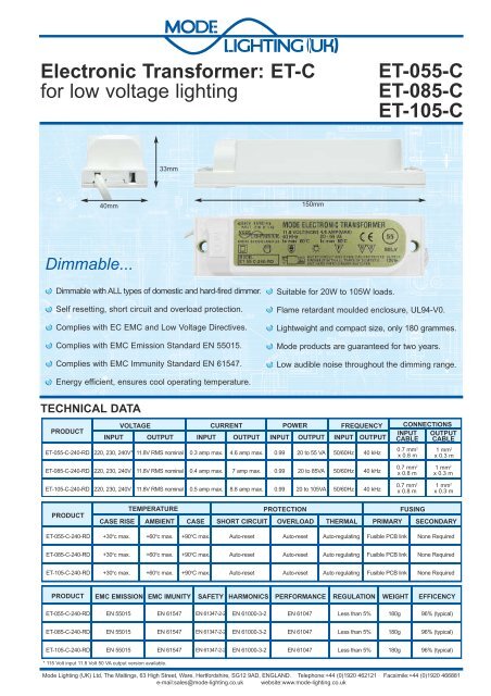 Electronic Transformer: ET-C for low voltage lighting ... - Mode Lighting