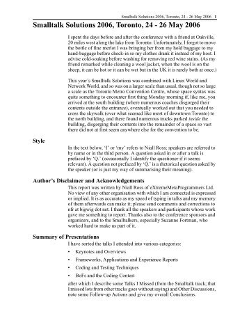 Smalltalk Solutions 2006 Report (Draft) - ESUG